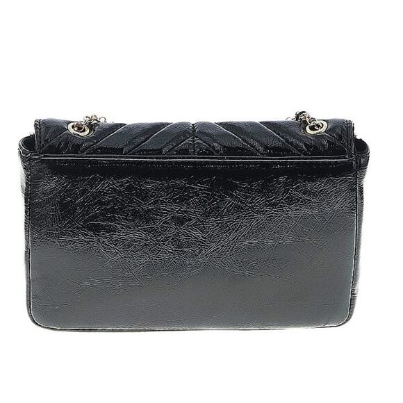 Nicole Miller New York Black Glossy Quilted Chevron Cross Body w/Gold Tone Chain - Picture 3 of 3